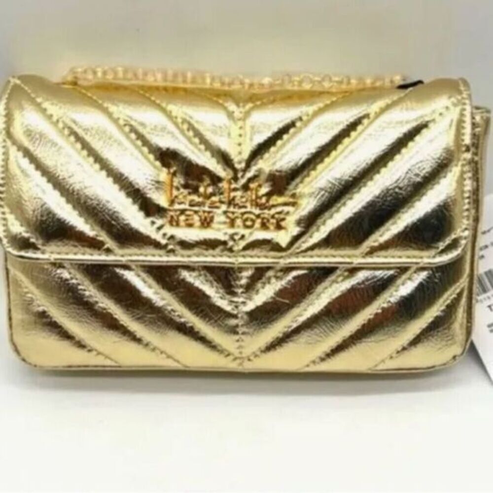 NWT Nicole Miller Gold Vegan Leather Quilted Small Handbag Crossbody Gold Chain - Picture 2 of 11